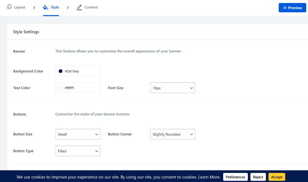 Change style settings of cookie banner