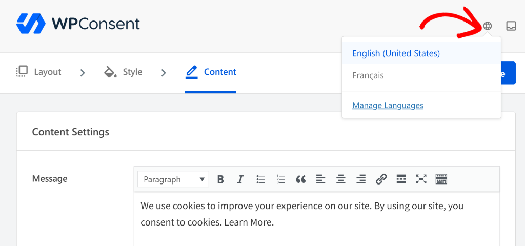 Change language for cookie banner