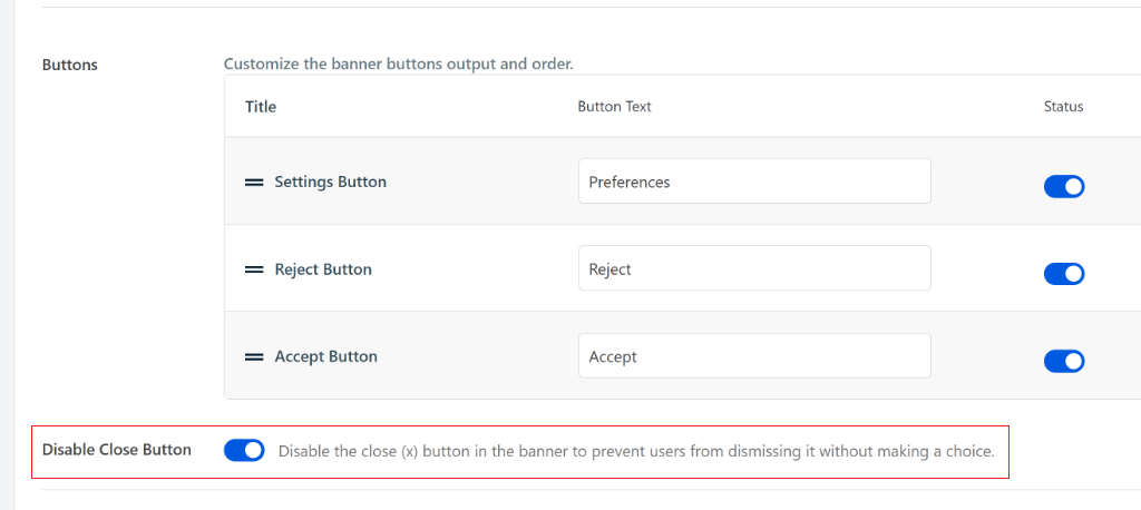 Disable close button in banner