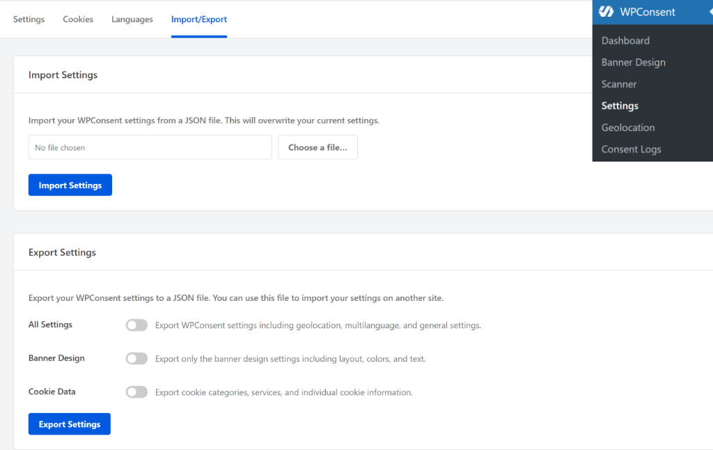 Import export WPConsent settings