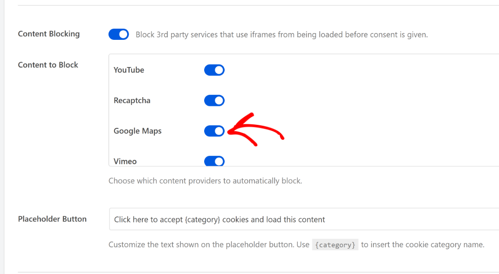 Select Google Maps in content blocking