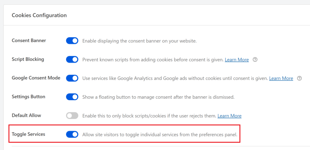 Enable toggle services option