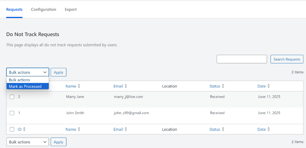 See requests for do not track