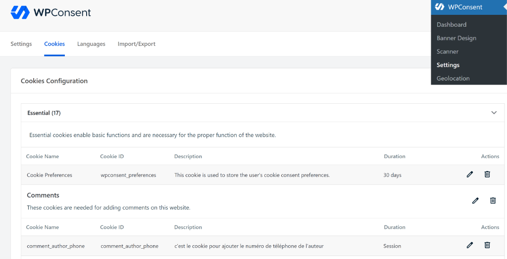 View cookies in WPConsent settings