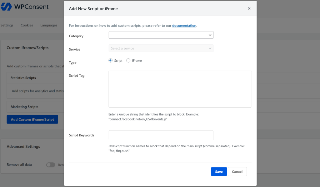 Add custom iframe and script to block