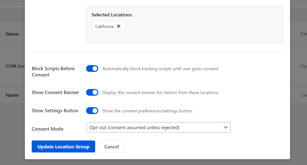 Edit CCPA location settings