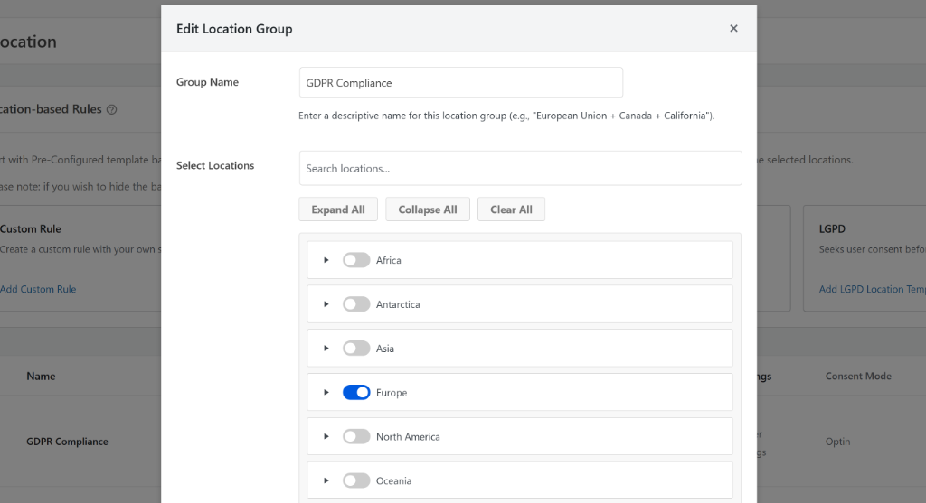 Edit location for consent settings