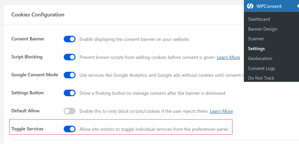 Enable toggle services options