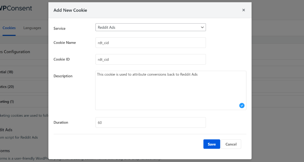 Enter cookie details