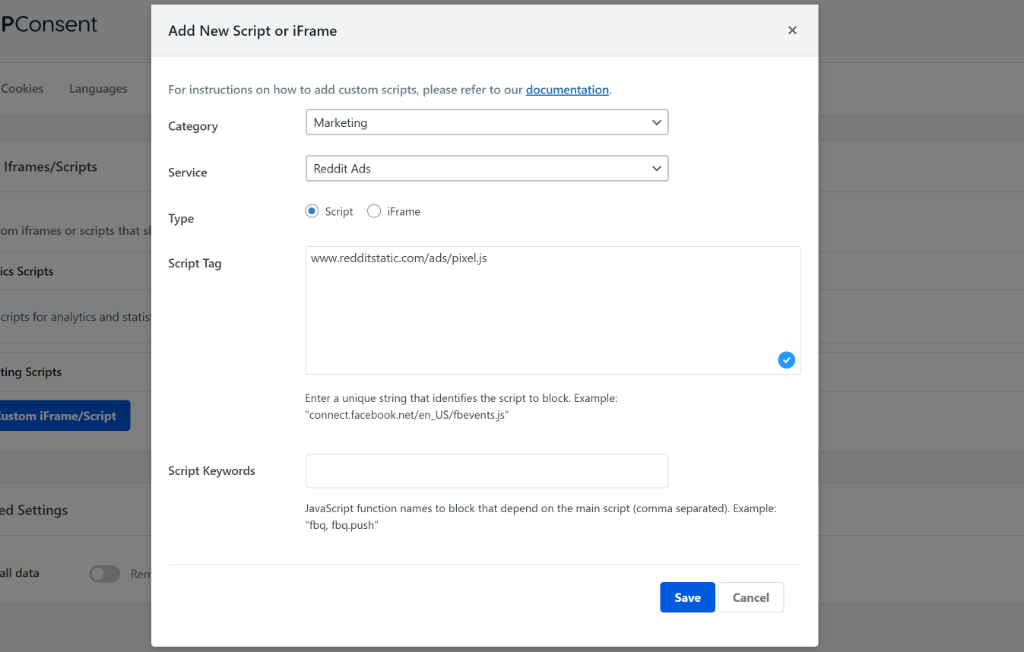 Enter custom script details