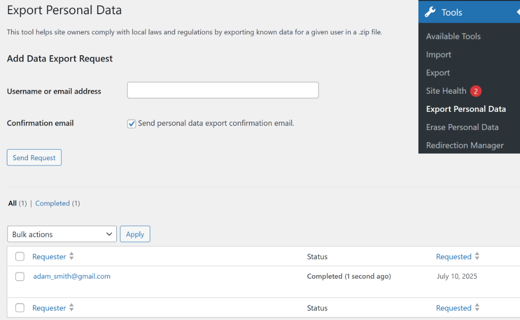 Export personal data