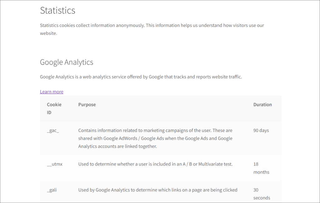 Preview Google Analytics cookie policy page