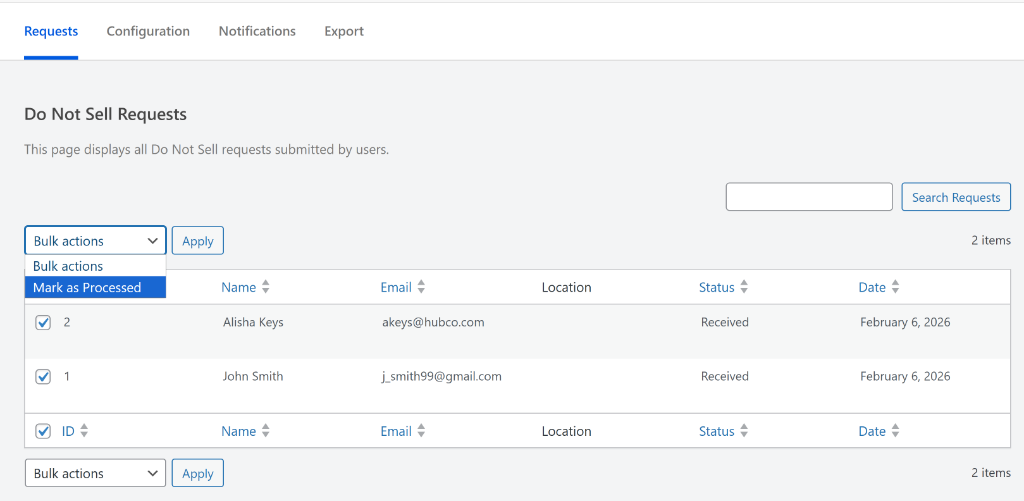 Process do not sell requests