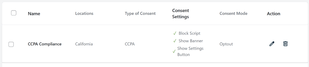 View CCPA location template settings