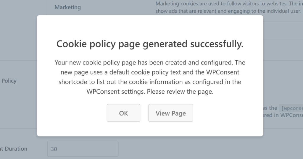 View cookie policy page option