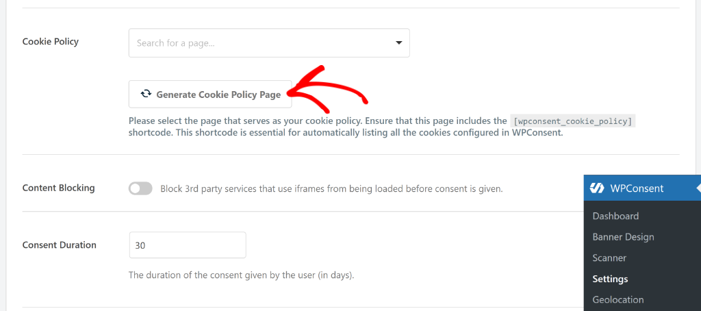 Click generate cookie policy page button