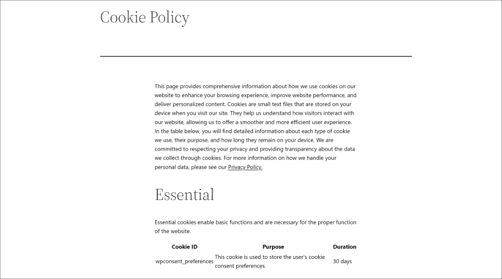Cookie policy page preview