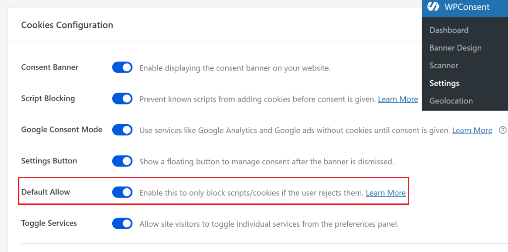 Default allow option in WPConsent