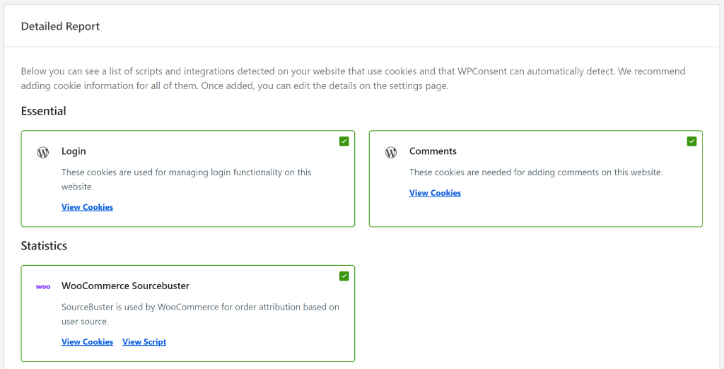 View detailed report for cookies
