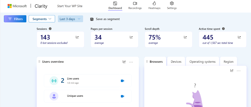 Clarity dashboard in WordPress