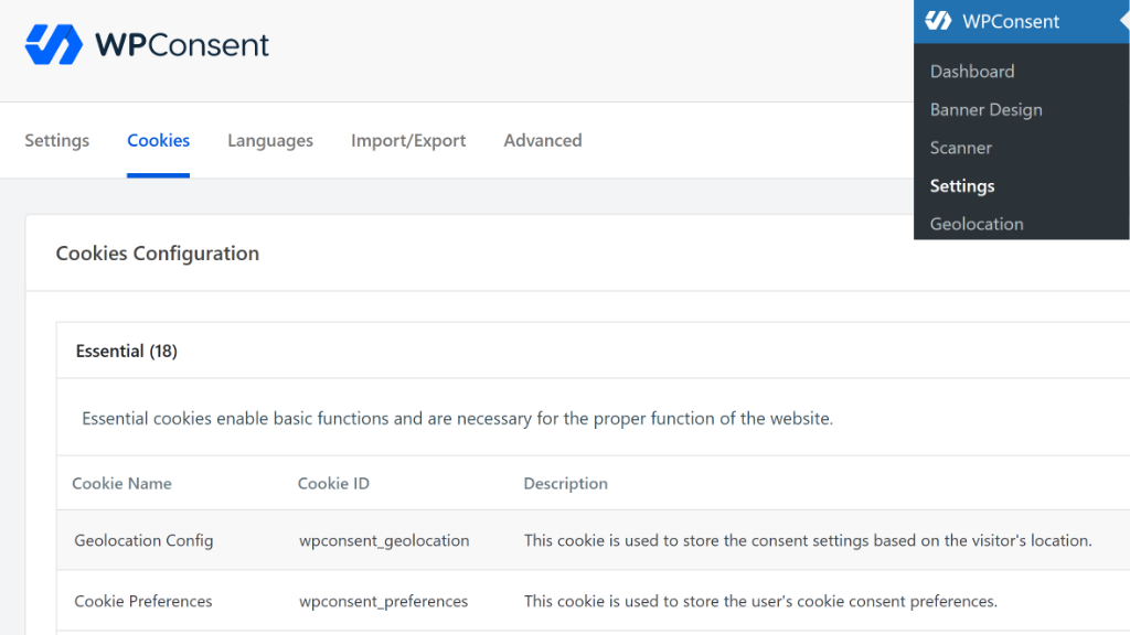 Cookies tab in WPConsent