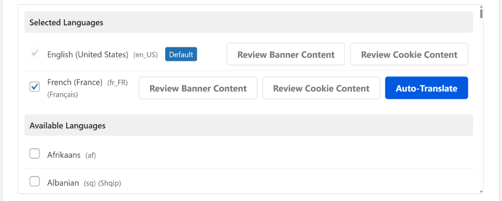 Review translated banner and cookie content