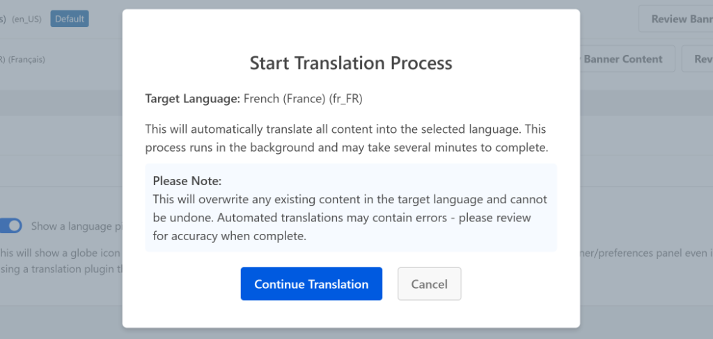View translation confirmation popup