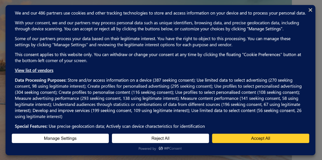 IAB TCF cookie consent banner