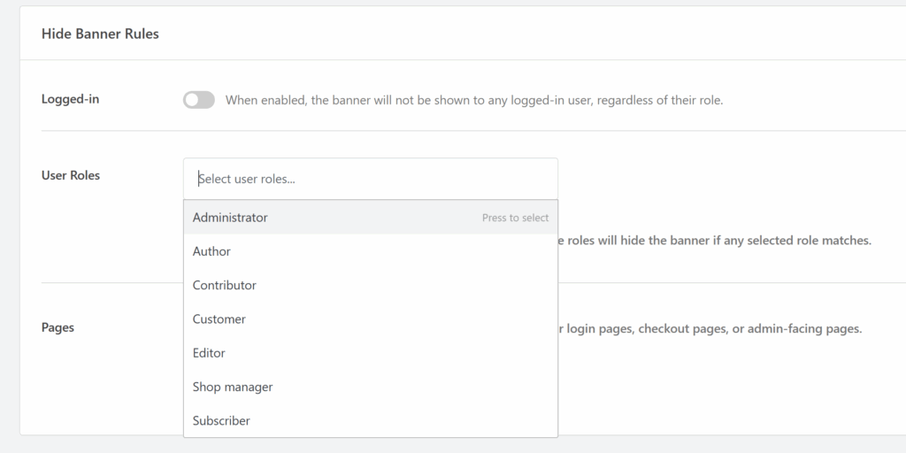 Hide banner for user roles