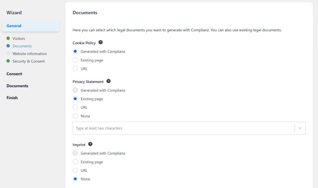 Add legal documents in Complianz
