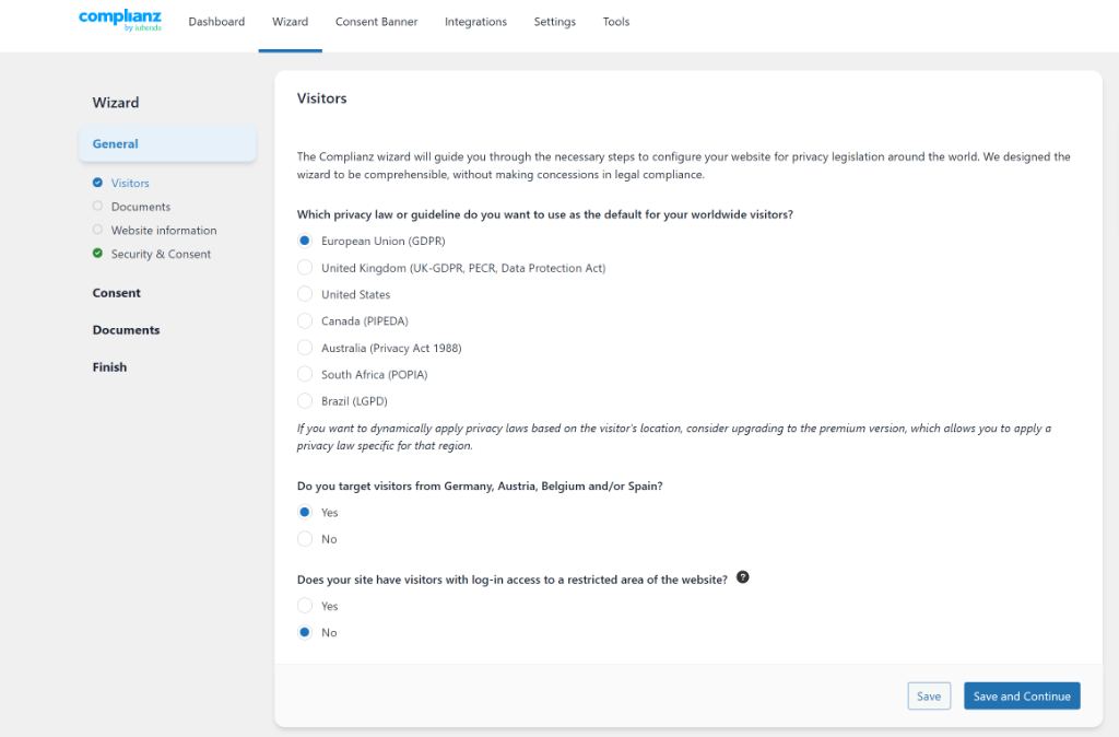 Complianz setup wizard