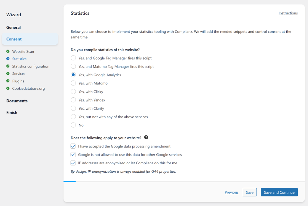 Configure statistics cookies in Complianz