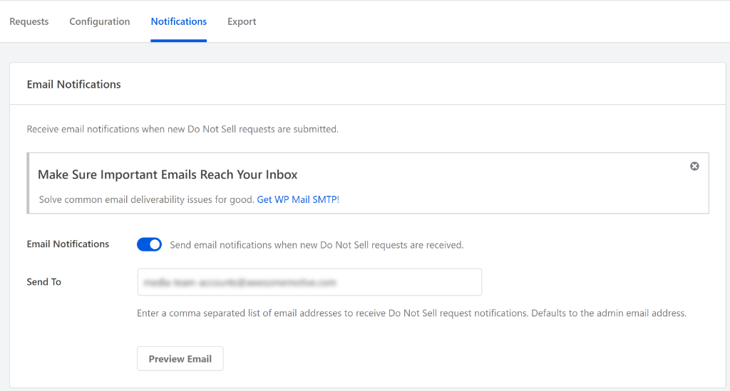 Email notifications for do not sell addon