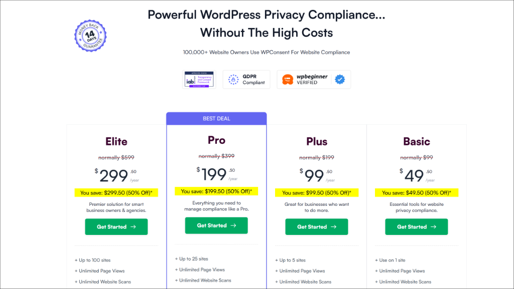 WPConsent pricing plans