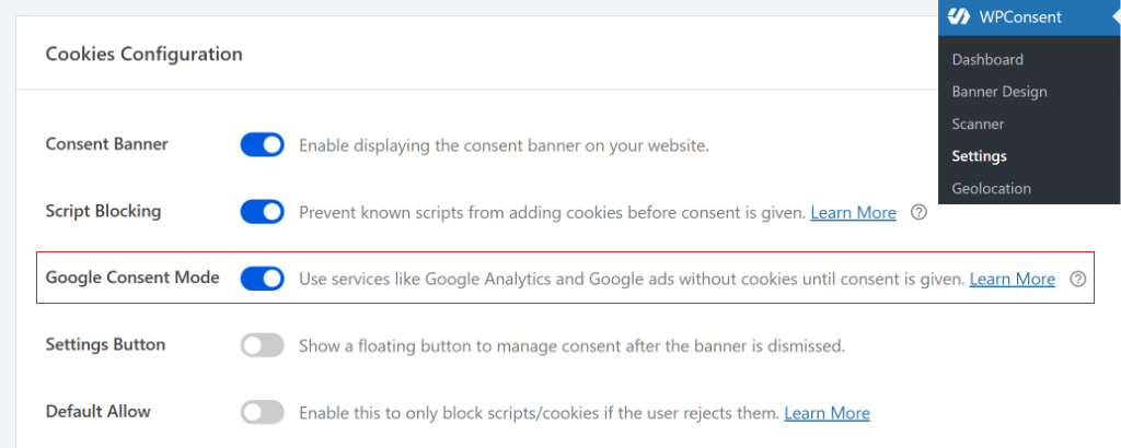 Enable the Google consent mode as well