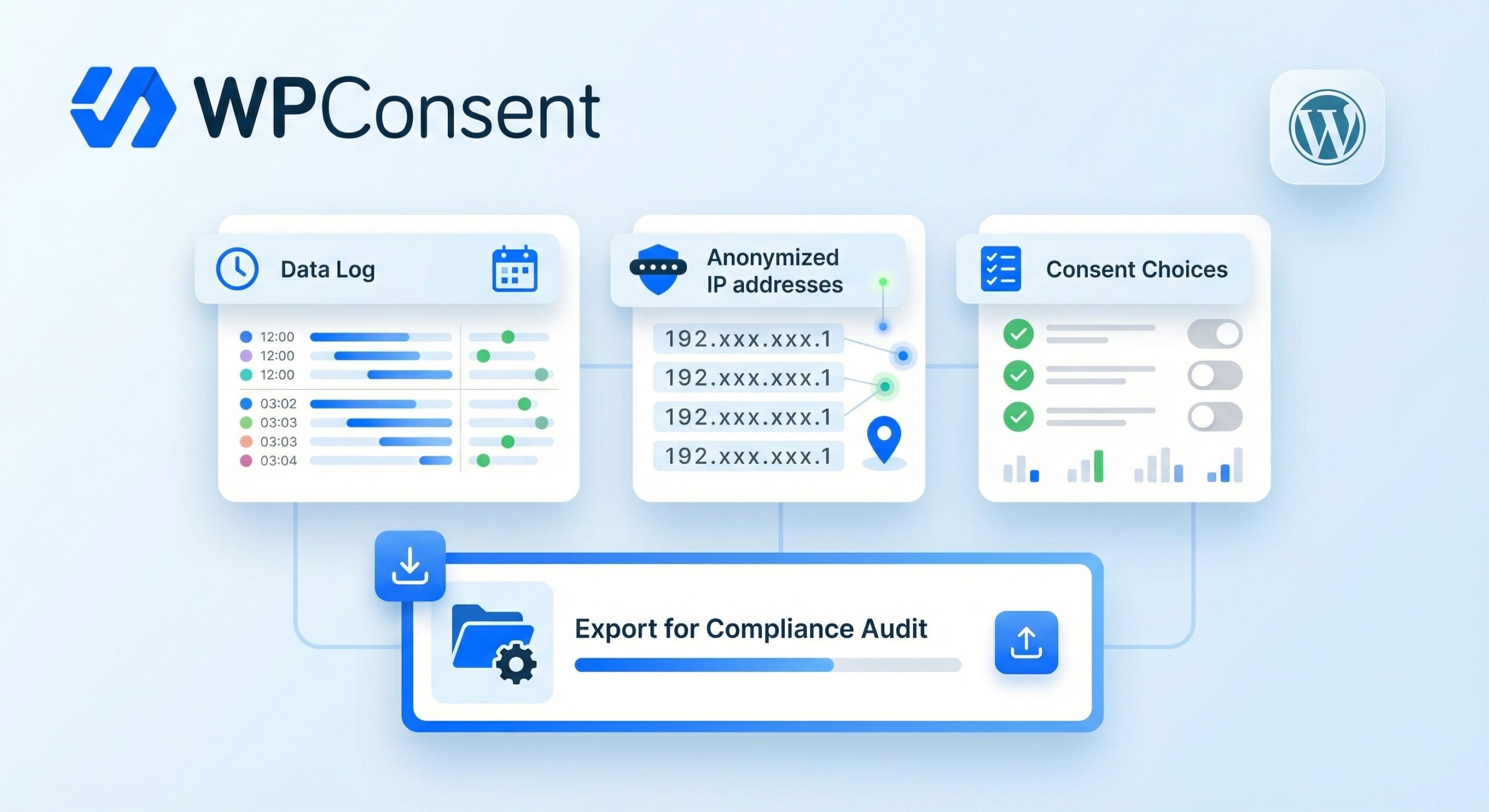Every consent is logged with timestamp, IP address (anonymized if preferred), and consent choices. 