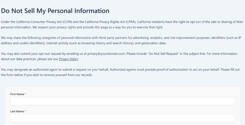 Preview of sample text on do not sell page