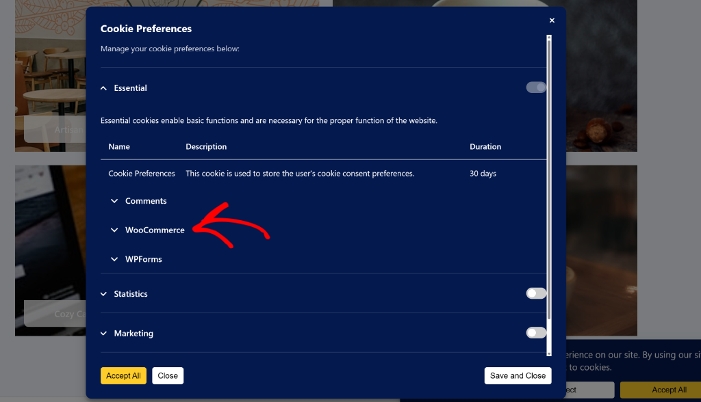 View WooCommerce cookie in preferences