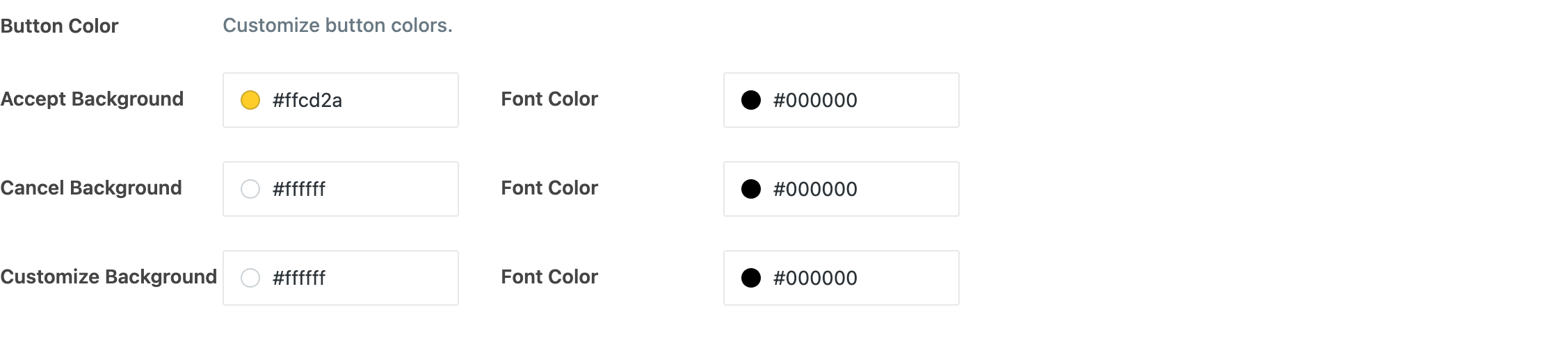 Individual button color pickers for Accept, Reject, and Preferences buttons