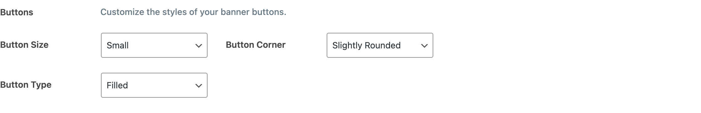 Button size, corner, and type settings