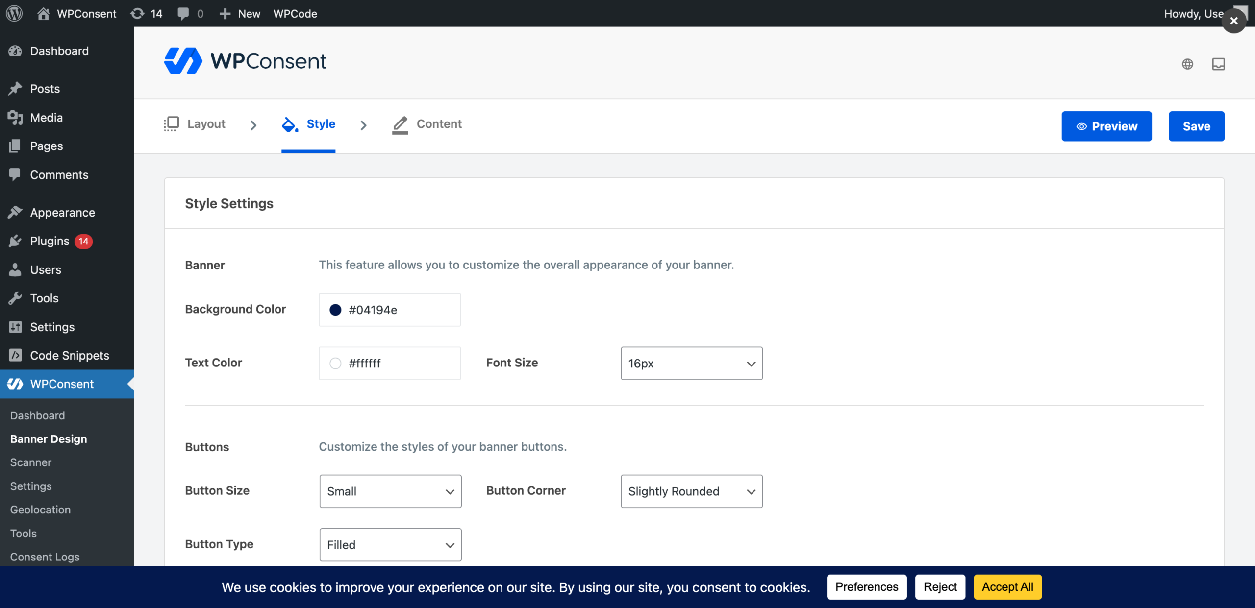 Banner preview showing filled button style