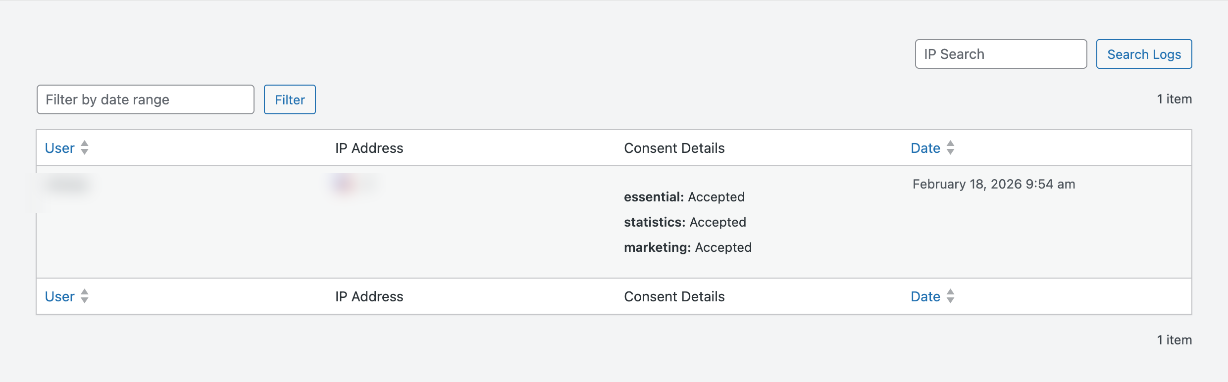 Consent logs page showing recorded consent interactions