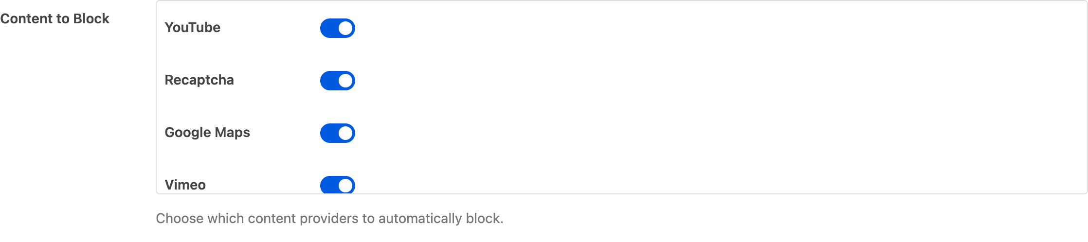 Content to Block service list with individual toggles