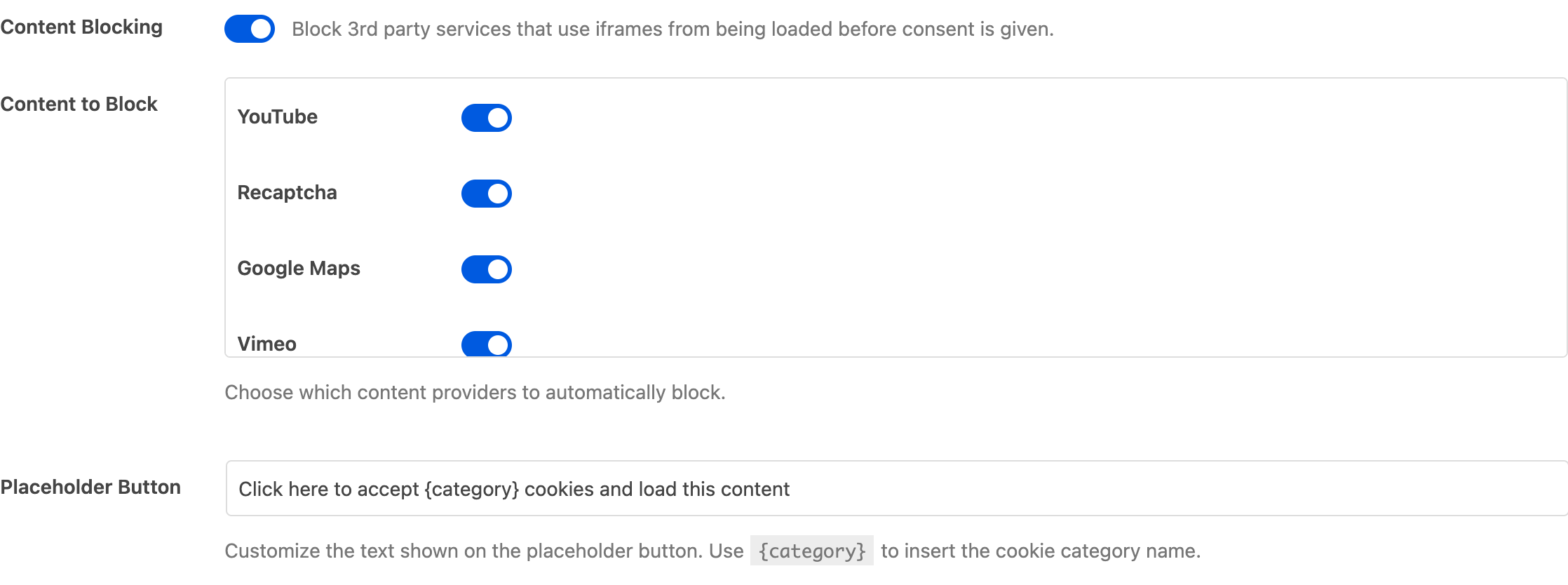 Content Blocking toggle on the Settings page