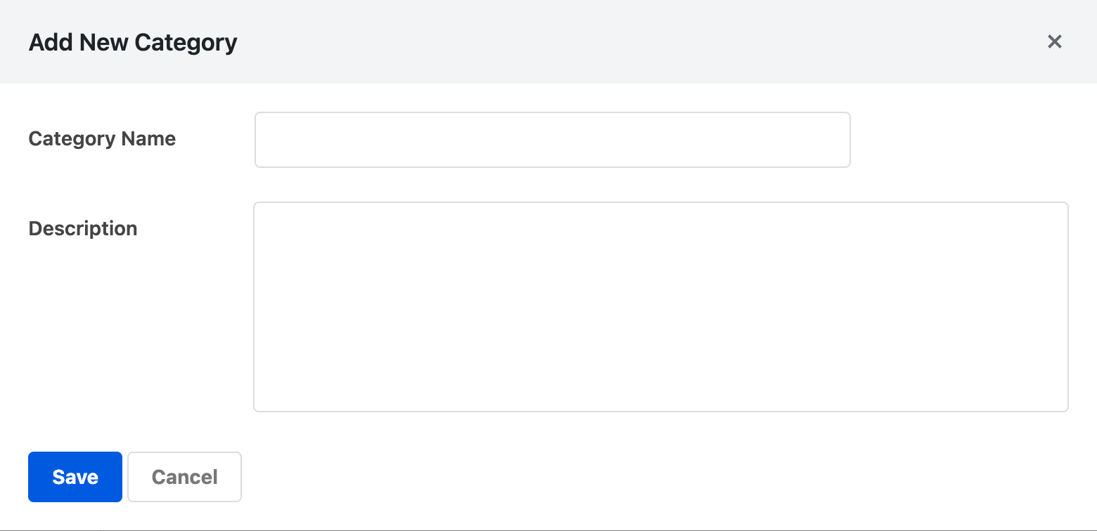 The add new category modal with empty name and description fields