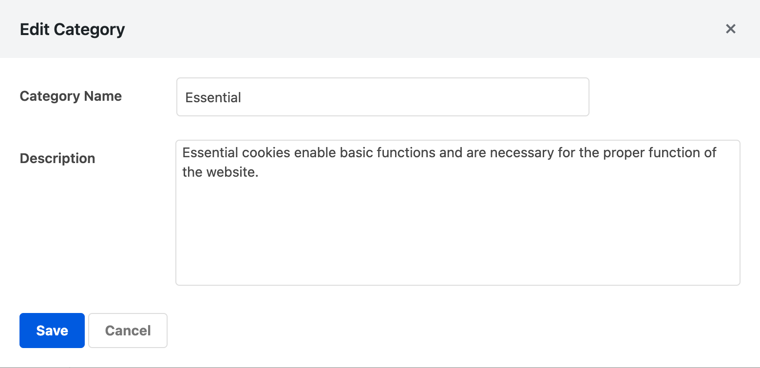 The edit category modal with name and description fields