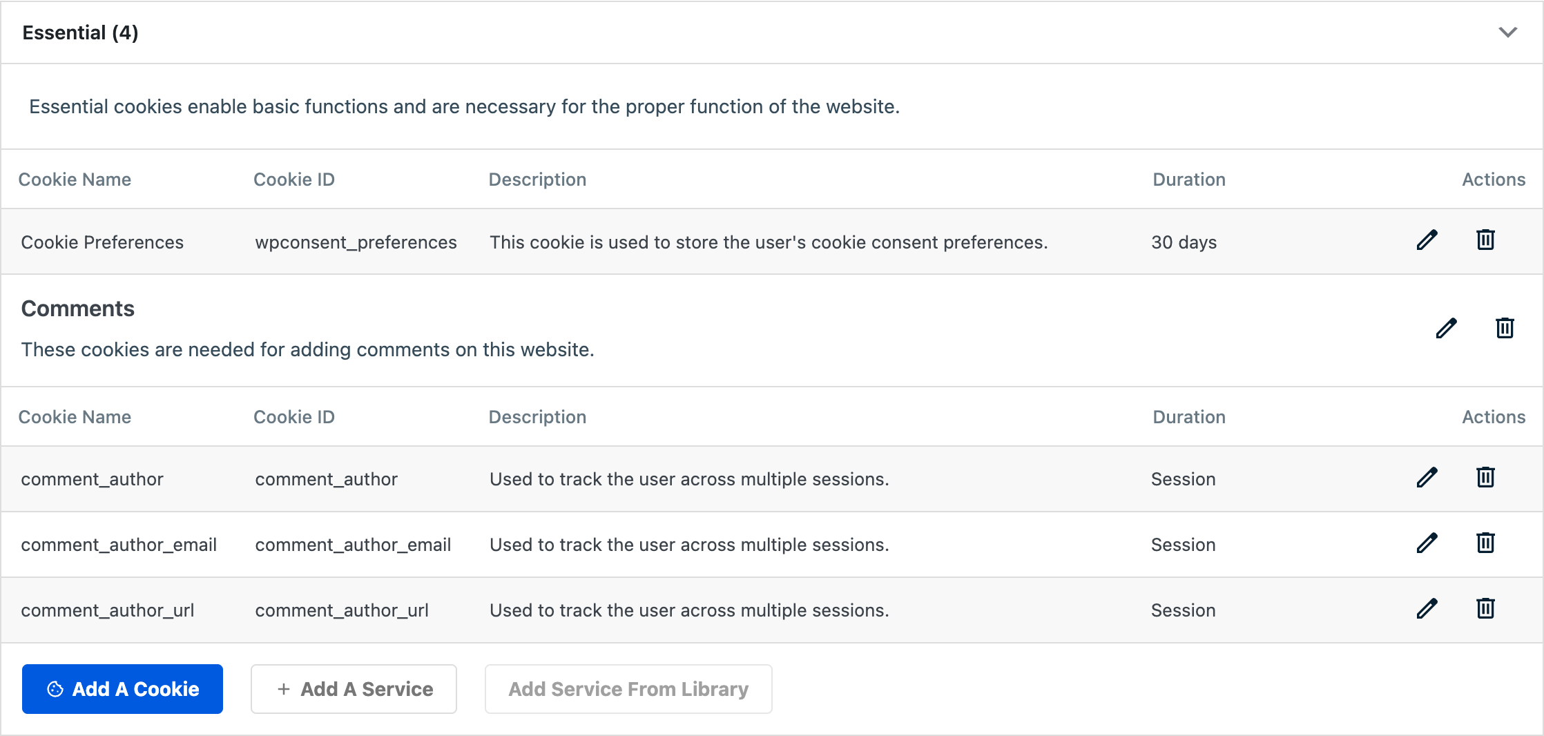 Cookie list showing columns and service grouping