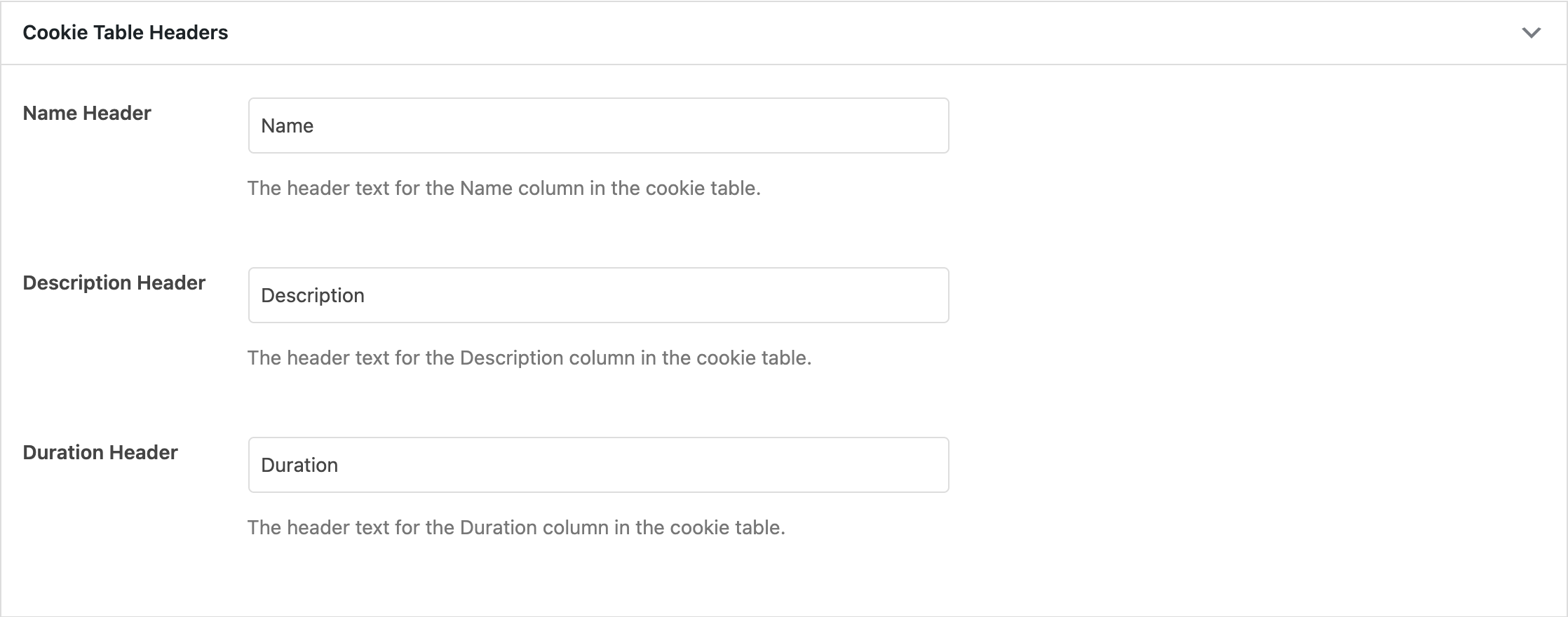 The Cookie Table Headers accordion with Name, Description, and Duration fields