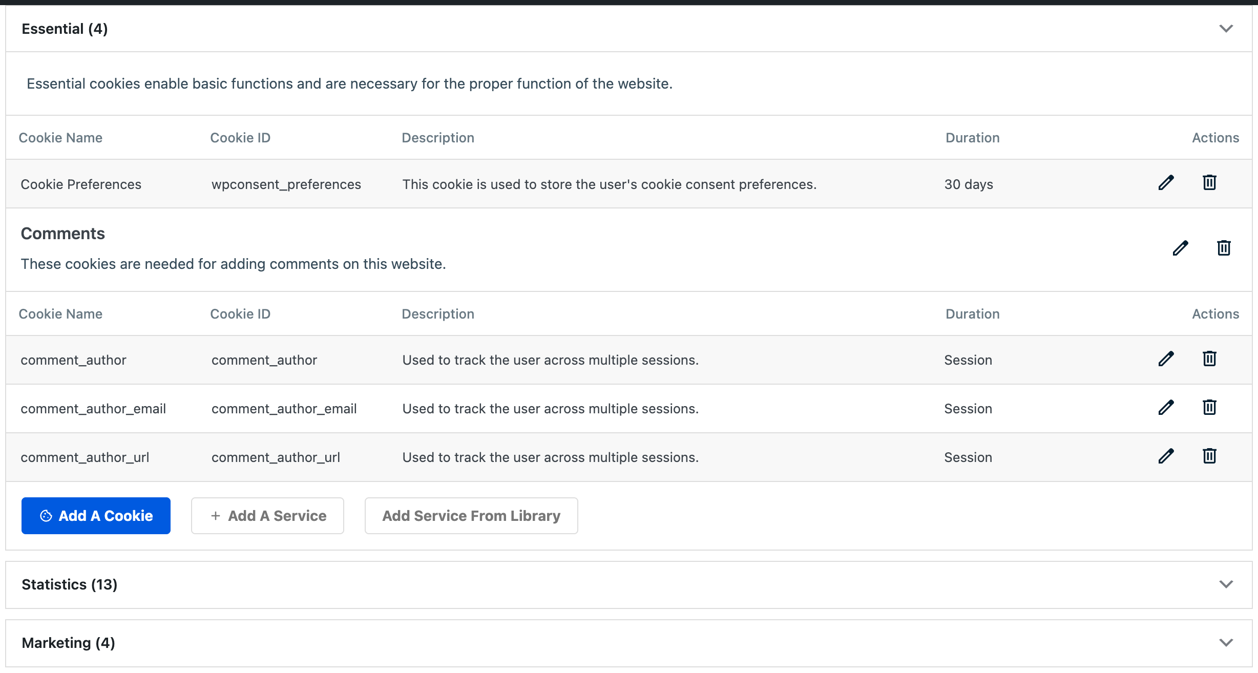A category expanded on the Cookies tab showing services, cookies, and action buttons