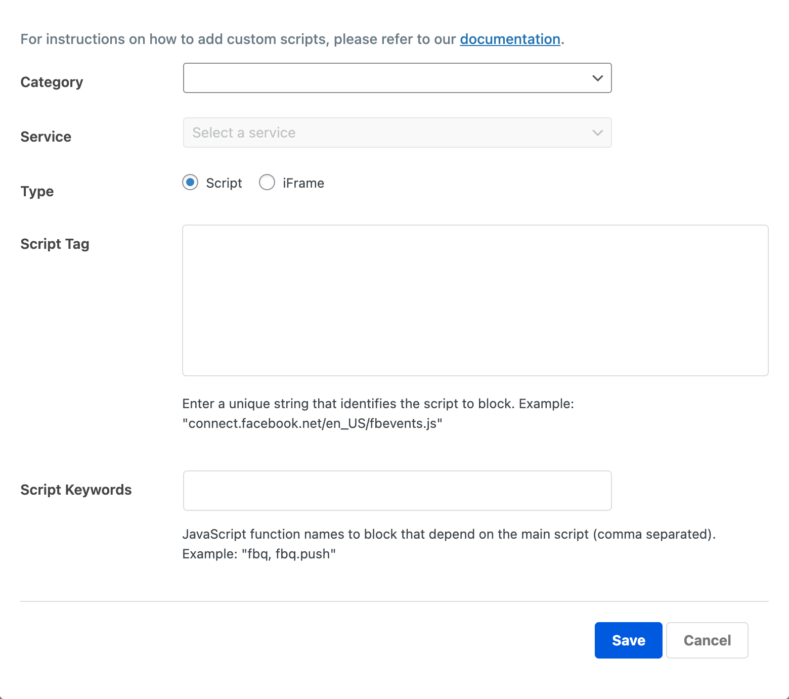 The Add New Script or iFrame modal with all form fields